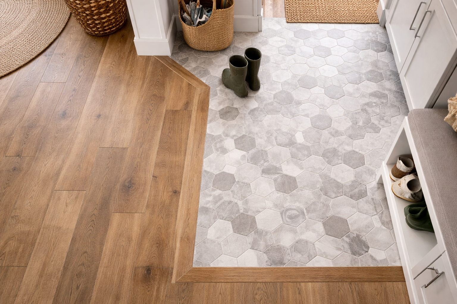 Overhead view of a Blue Bell, PA home's entryway showing a smooth transition from medium-tone hardwood flooring to light gray hexagonal tile flooring.