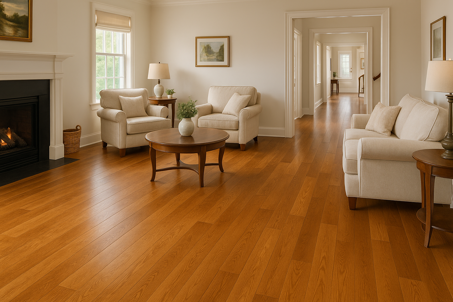 A warm and elegant North Penn Valley living room showcasing rich golden-stained hardwood flooring that extends through the open hallway and into adjoining rooms. The space features a fireplace with a white mantel, light beige armchairs, a round wooden cof