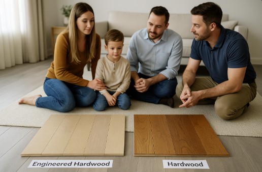 A family of three sits on the floor of their living room with a flooring contractor, closely examining two large sample boards labeled “Engineered Hardwood” and “Hardwood.” The samples lie side by side on a rug, and natural light streams in through nearby