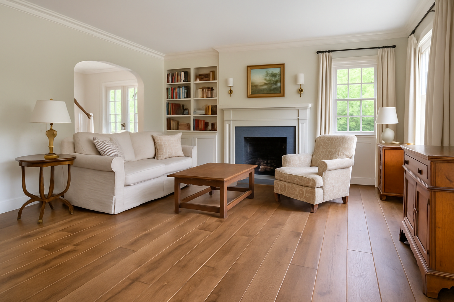 A traditional living room in a North Penn Valley home featuring wide plank hardwood floors with a warm, natural finish. The space includes a beige upholstered sofa, patterned armchair, wood coffee table, white fireplace with built-in shelving, and tall wi